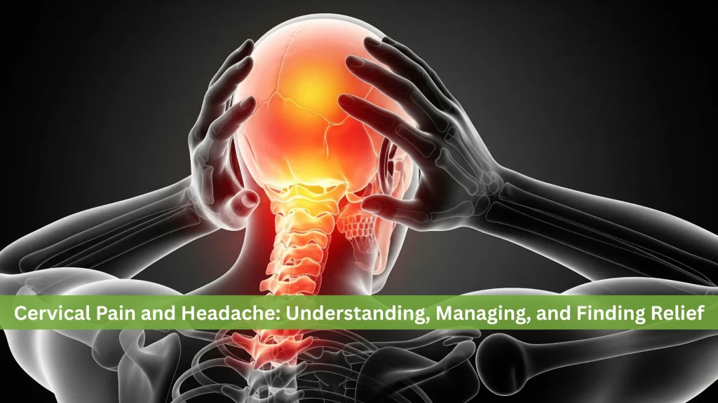 Illustration of cervical pain and headache with highlighted neck and skull, showing inflammation and spinal tension.