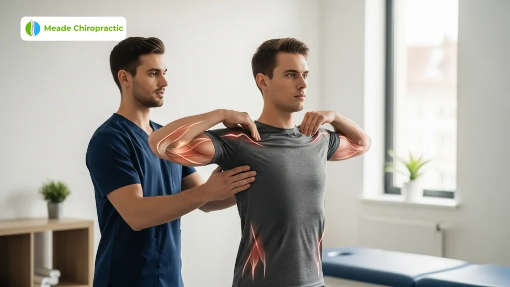 Trainer helping man with posture correction exercise for muscle imbalance, muscles highlighted.