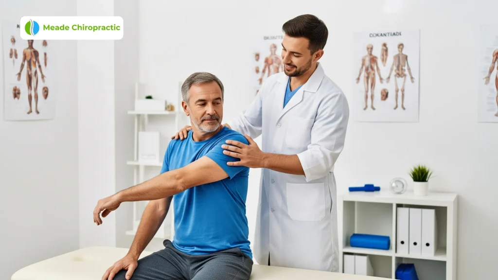 In a clinical setting, a chiropractor helps a middle-aged man with a posture correction exercise.