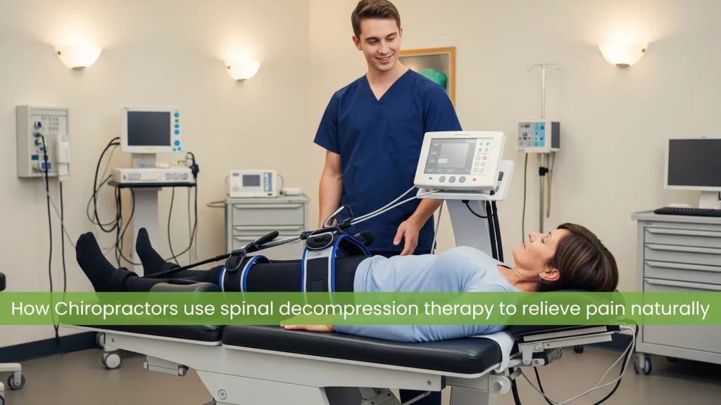 Chiropractor performing Spinal Decompression Therapy on a patient using a decompression table in a clinical setting