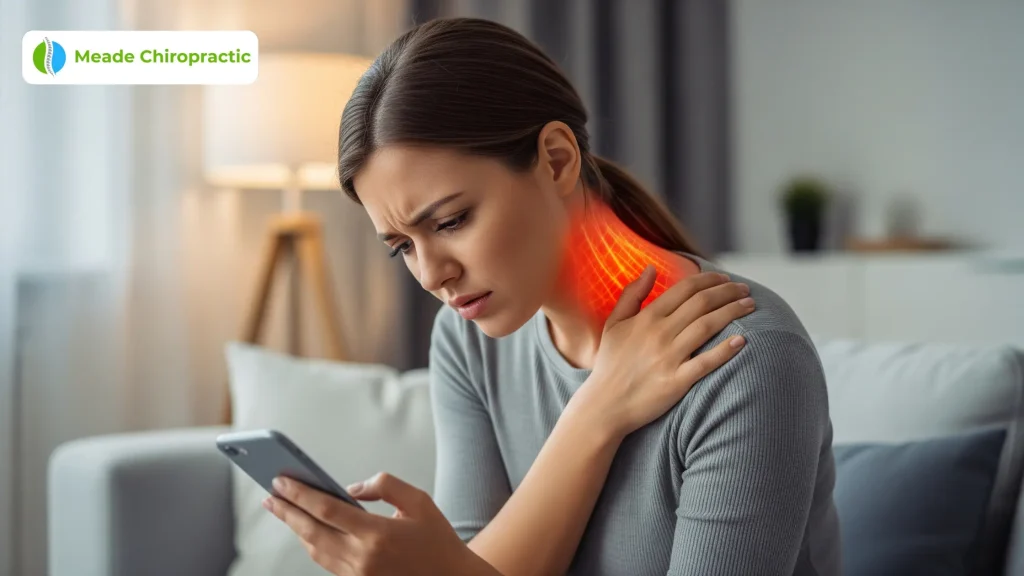 Woman showing tech neck symptoms while using phone, with highlighted neck pain caused by poor posture and prolonged screen time.