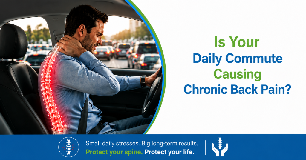 Person rubbing lower back pain after a long commute in traffic