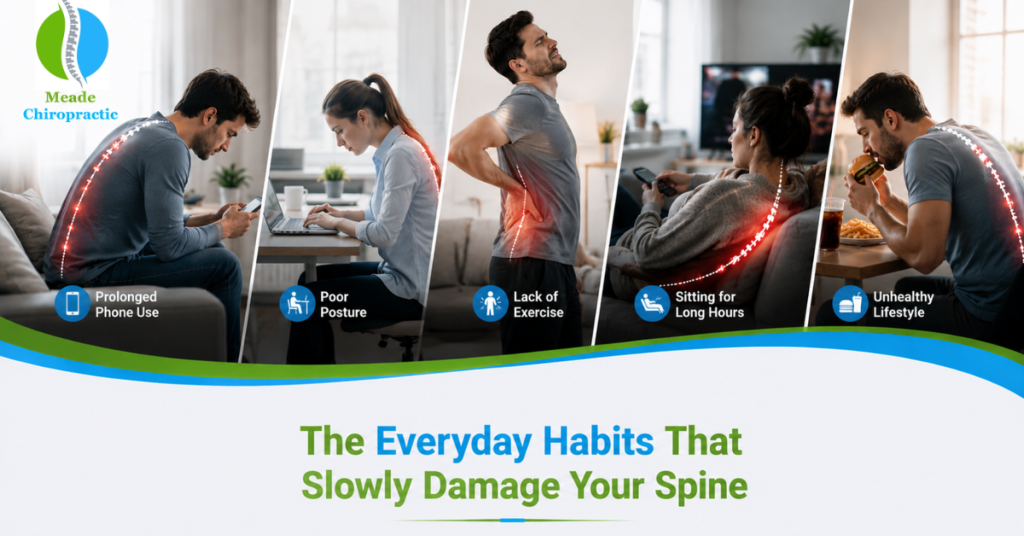 Person slouching at a desk showing poor posture that damages the spine