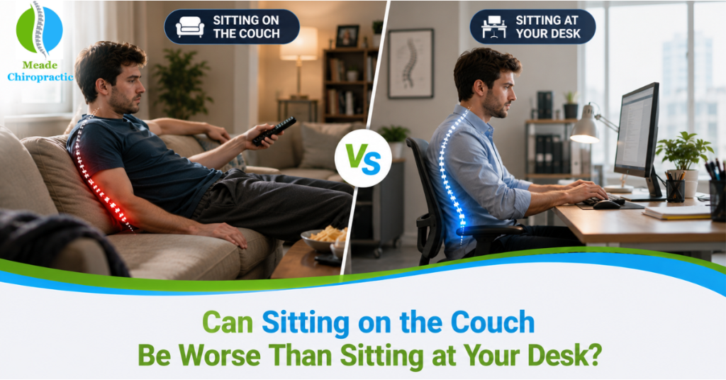 Person slouching on a couch showing poor posture that strains the spine