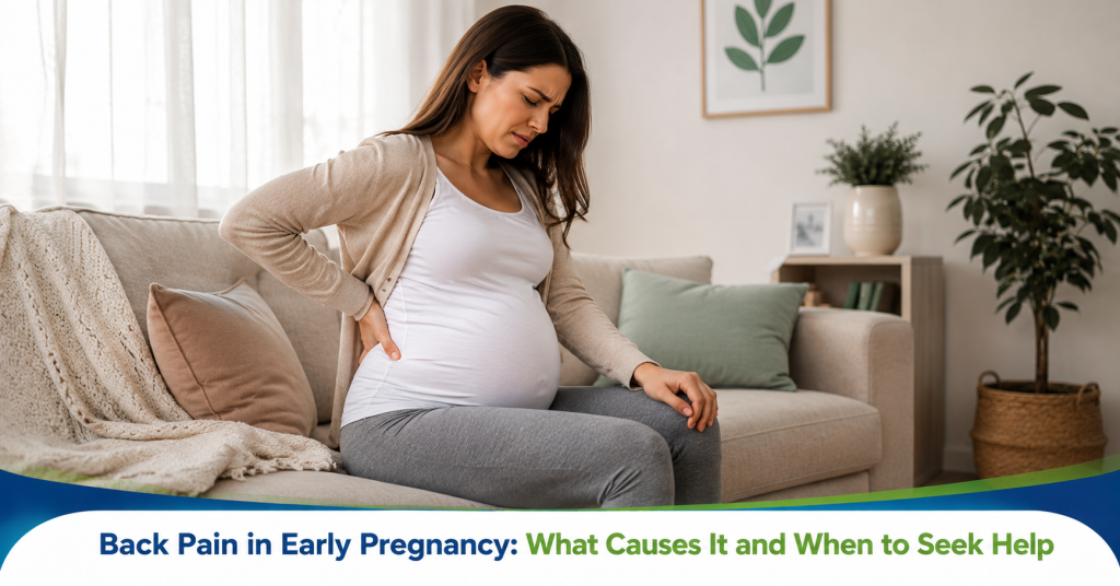 Woman with early pregnancy back pain
